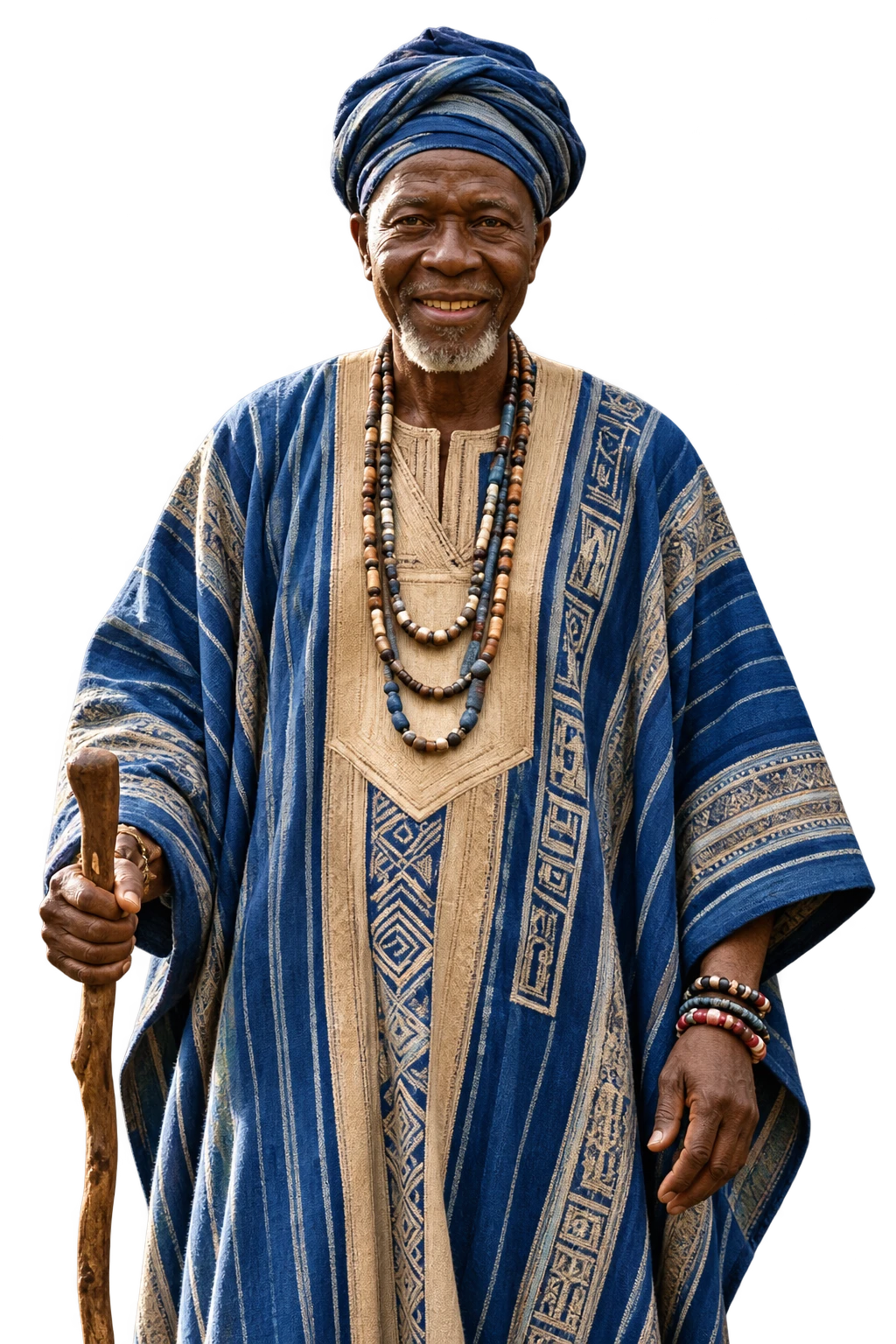 Baba, your guide, wearing his blue turban and robe and holding a wooden staff